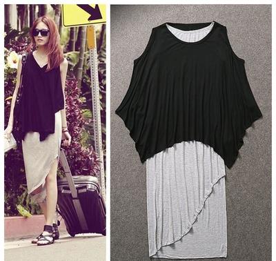 時(shí)尚女裝新寵 唐嫣同款黑短袖T灰色背心蝙蝠袖兩件套連身裙